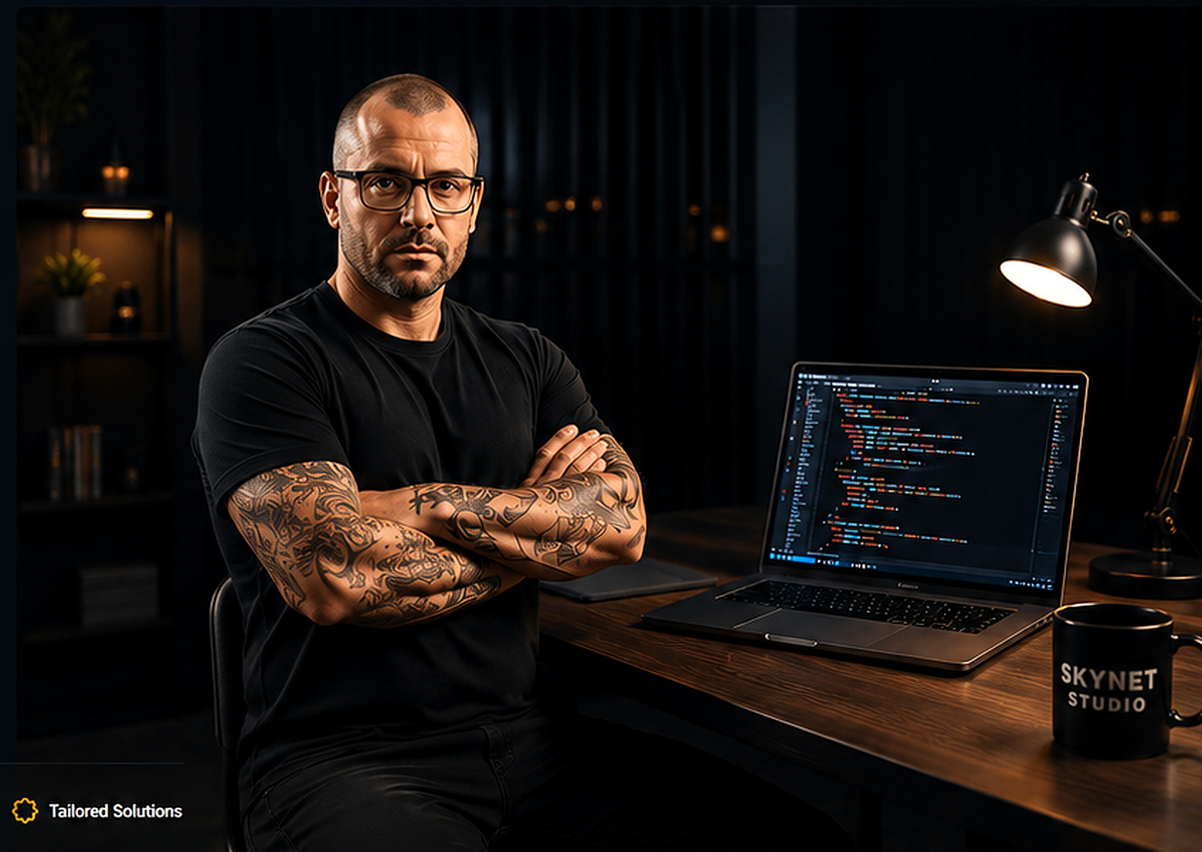 Skynet Studio owner at a professional dual-monitor development workstation