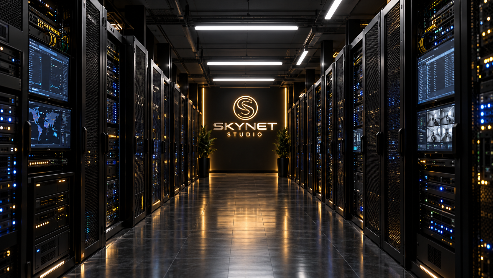 Skynet Studio custom software and protection workflows corridor with server racks