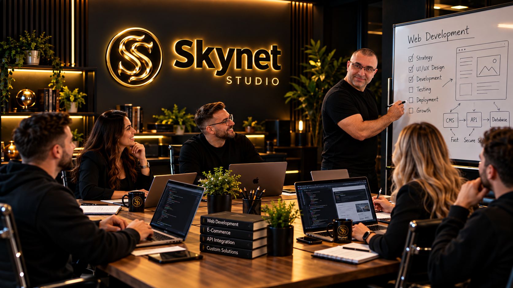 Skynet Studio team collaborating around laptops while Jack Richard presents at a whiteboard