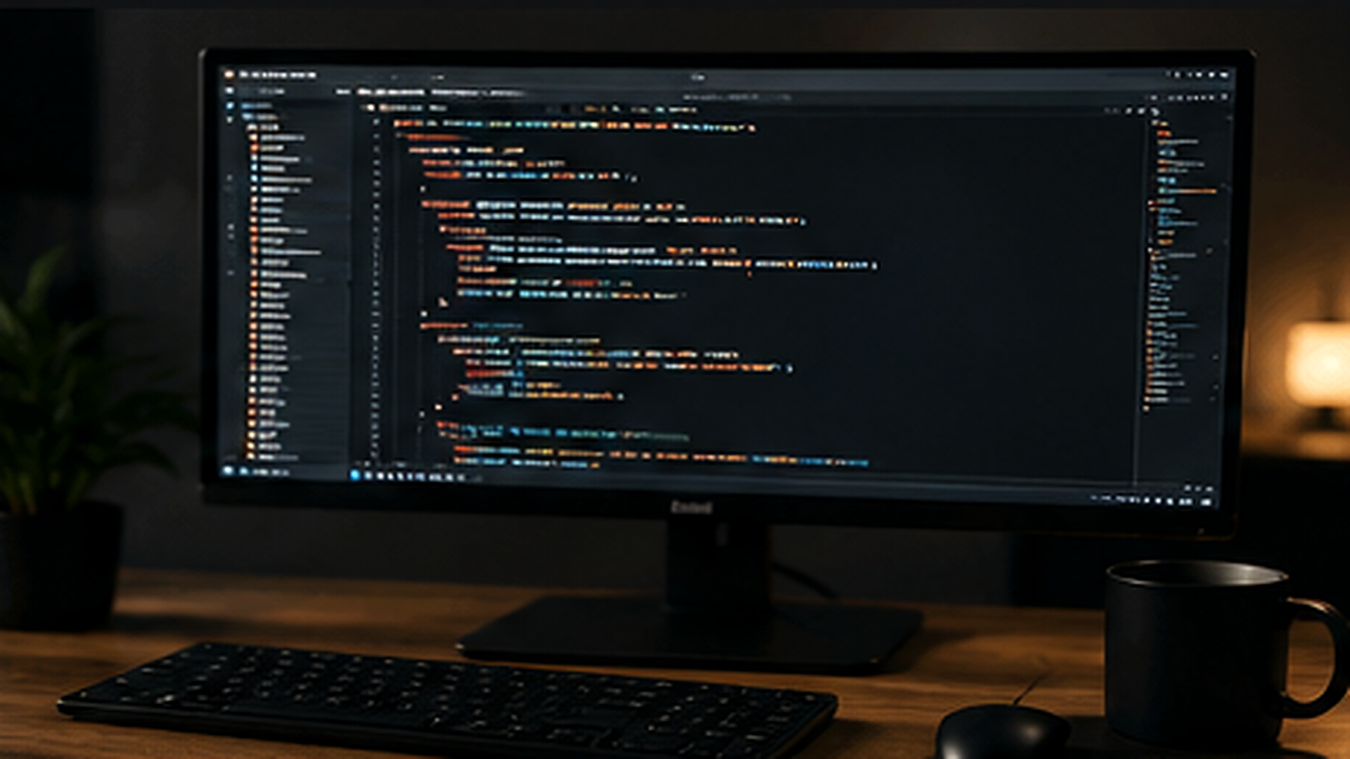 Sharp professional coding workstation displaying website code